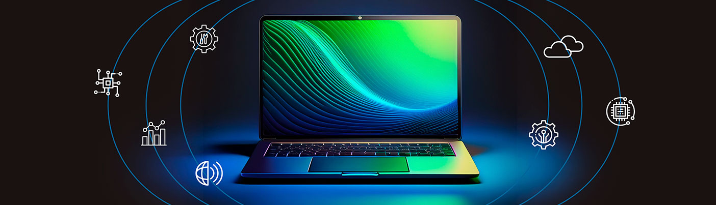 Banner de tecnologia com um notebook aberto e ícones ao redor referente a serviços.