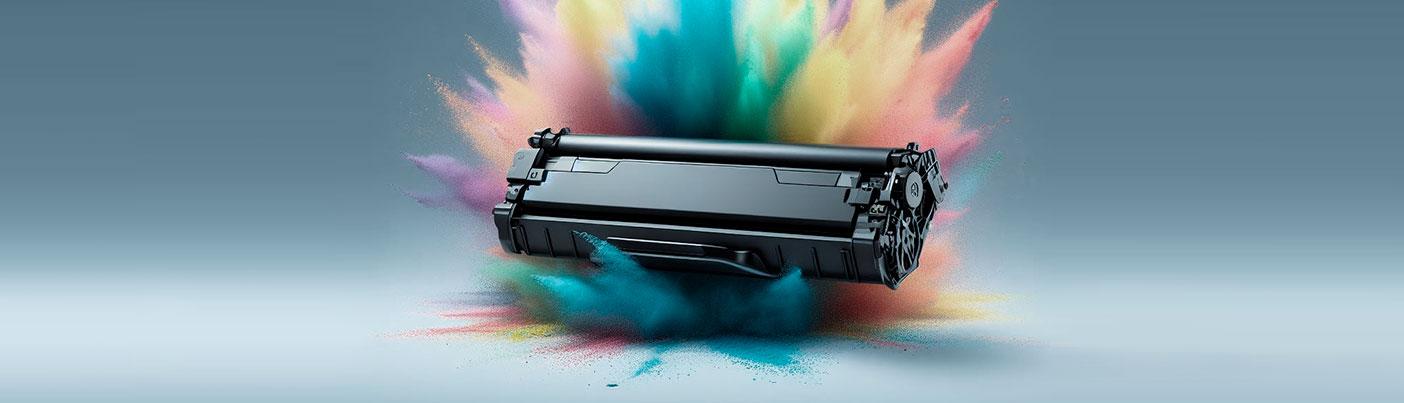 Impressora e ao fundo dela, uma explosão de pó colorido .
