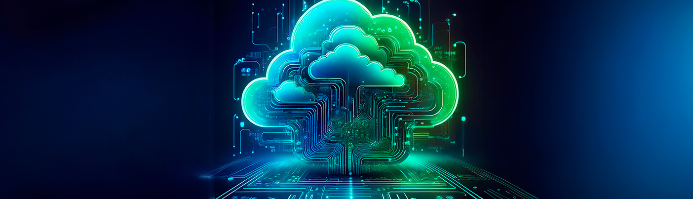 Nuvem de tecnologia com as cores verde e azul.