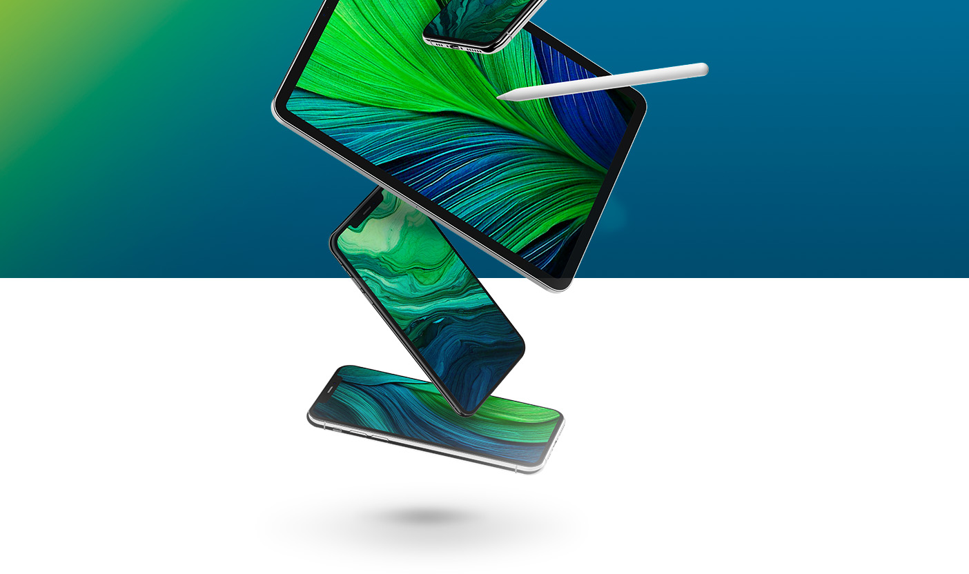 Celular e table flutuando por cima de um fundo verde e azul.