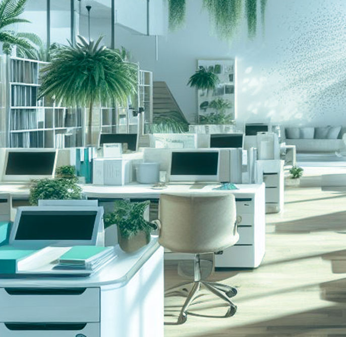 Local de trabalho com vários computadores. Ambiente claro e futurista.