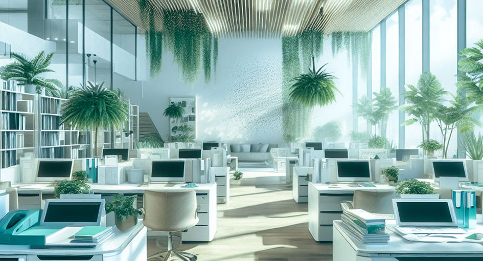 Sala ampla com vários computadores. Ambiente bem iluminado.