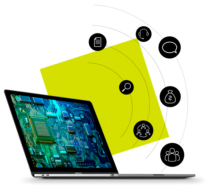 Notebook com tela de tecnologia e ícones de benefícios flutuando a sua frente.
